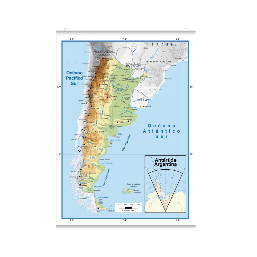 Mapa República Argentina físico en lona de 80 x 120 cms. listo para colgar