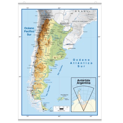 Mapa República Argentina físico en lona de 80 x 120 cms. listo para colgar