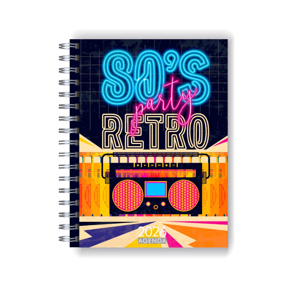 Agenda 2026 tapa dura mod. 5083 "Retro Party" en caja para regalo