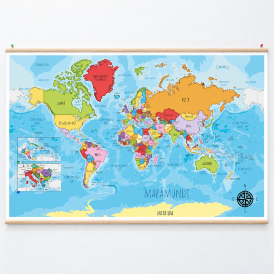 Mapamundi infantil en lona de 120 x 80 cms. listo para colgar