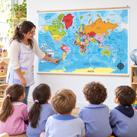 Mapamundi infantil en lona de 120 x 80 cms. listo para colgar