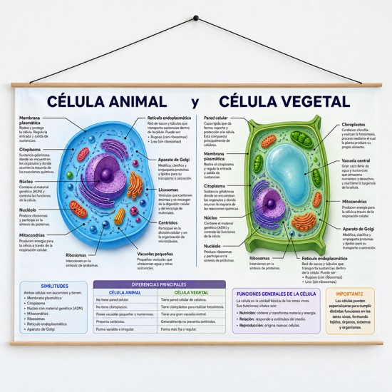 Lona didáctica Célula Animal y Vegetal 100x 70 cms. lista para colgar