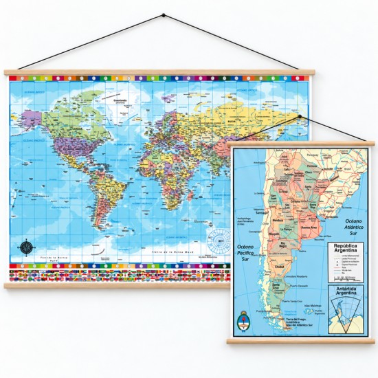 Mapamundi en lona de 120 x 80 cms. + Mapa Argentina político 50 x 70 cms. listos para colgar