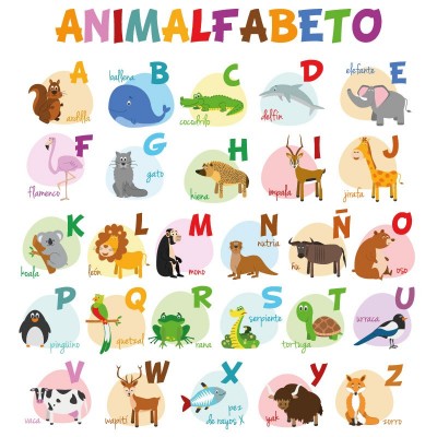 Alfabeto infantil de animalitos en lona de 90 x 90 cms. listo para colgar