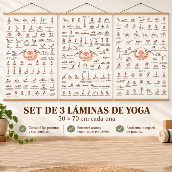 Set 3 Pósters en lona Posiciones de Yoga 1 a 65 con Varillas de Madera en distintas medidas listo para colgar
