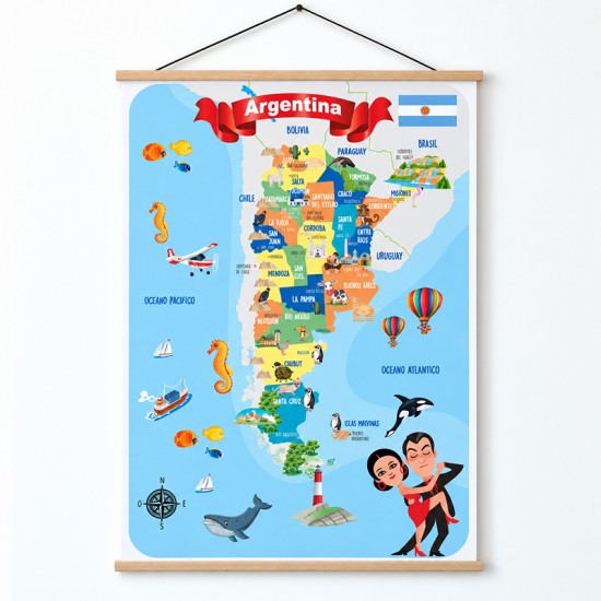 Mapa  infantil de Argentina en lona en distintas medidas listo para colgar