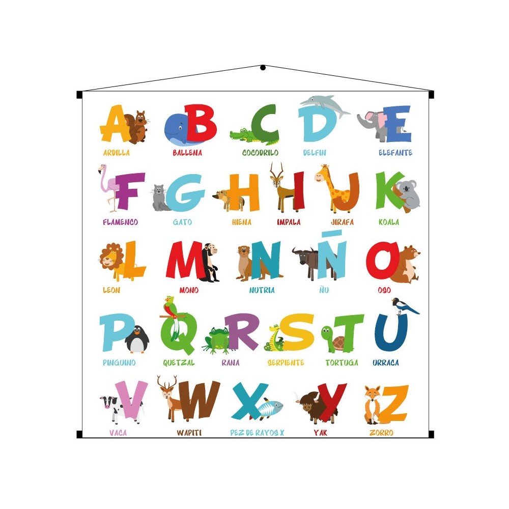 Alfabeto infantil de animalitos en lona de 90 x 90 cms. listo para colgar