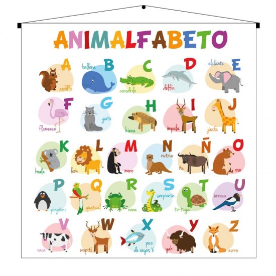 Alfabeto infantil de animalitos en lona de 90 x 90 cms. listo para colgar