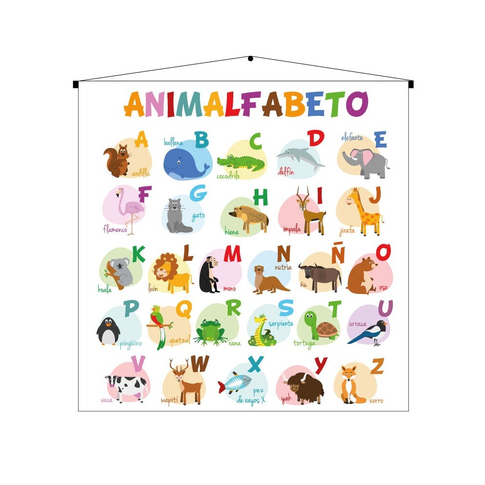 Alfabeto infantil de animalitos en lona de 90 x 90 cms. listo para colgar