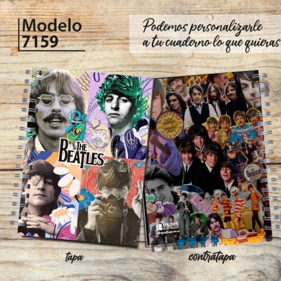 Cuaderno A4 tapa dura pentagramado 7159 "Beatles Collage": tapa y contratapa