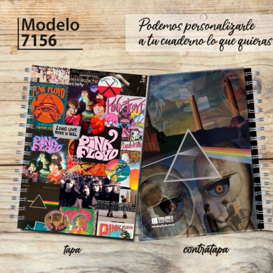 Cuaderno A4 tapa dura pentagramado 7156 "Pink Floyd collage": tapa y contratapa
