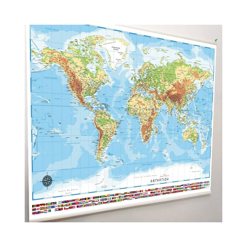 Mapamundi físico en lona de 150 x 110 cms. listo para colgar
