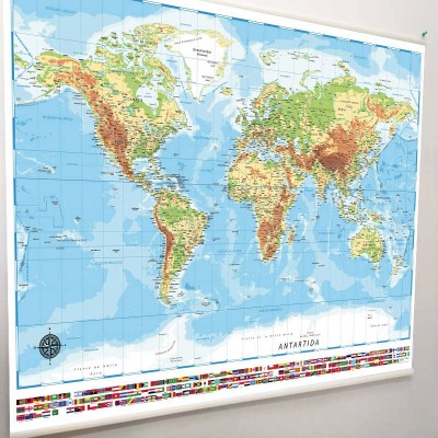 Mapamundi físico en lona de 150 x 110 cms. listo para colgar