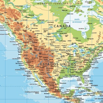 Mapamundi físico en lona de 150 x 110 cms. listo para colgar