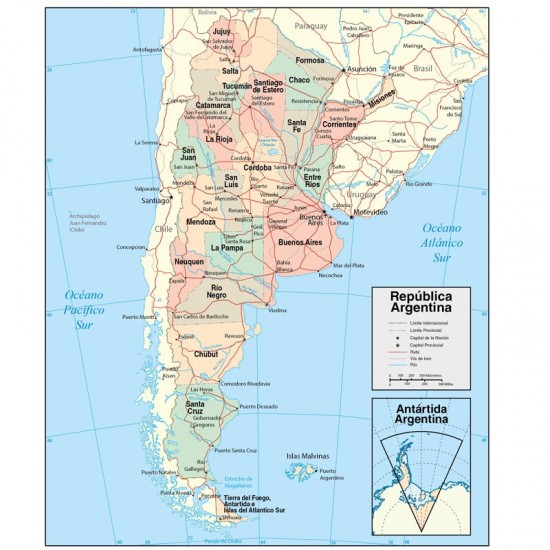 Mapa Argentina en lona de 50 x 70 cms. listo para colgar