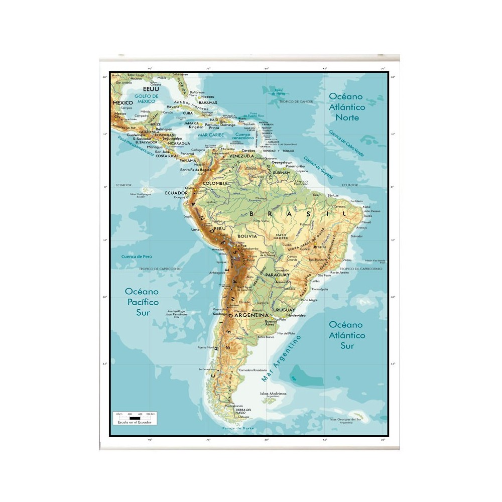 Mapa Físico de Sudamérica en lona de 80 x 120 cms. listo para colgar