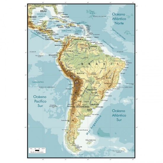 Mapa Físico de Sudamérica en lona de 80 x 120 cms. listo para colgar