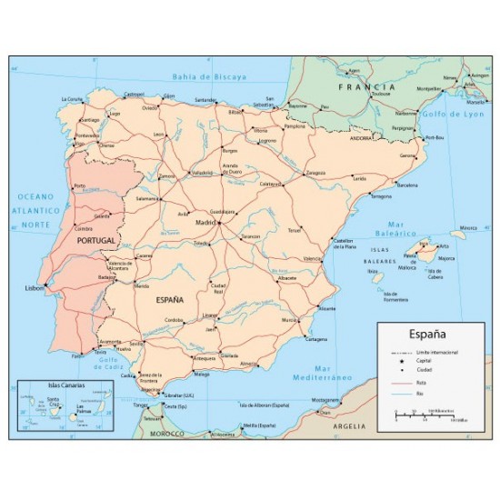 Mapa de España en lona de 70 x 80 cms. listo para colgar