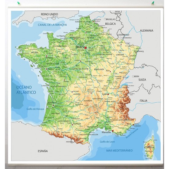 Mapa de físico político de Francia en lona de 80 x 80 cms. listo para colgar