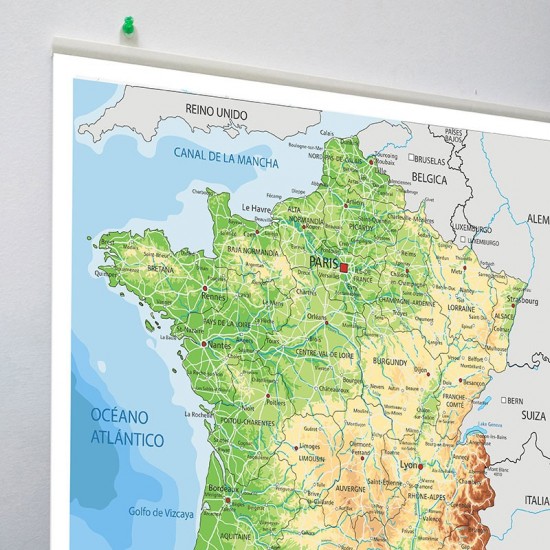 Mapa de físico político de Francia en lona de 80 x 80 cms. listo para colgar