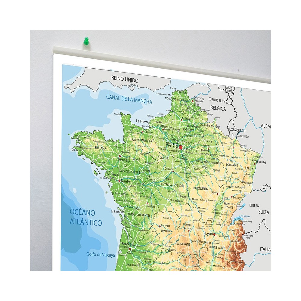 Mapa de físico político de Francia en lona de 80 x 80 cms. listo para colgar