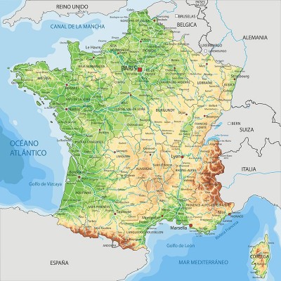 Mapa de físico político de Francia en lona de 80 x 80 cms. listo para colgar